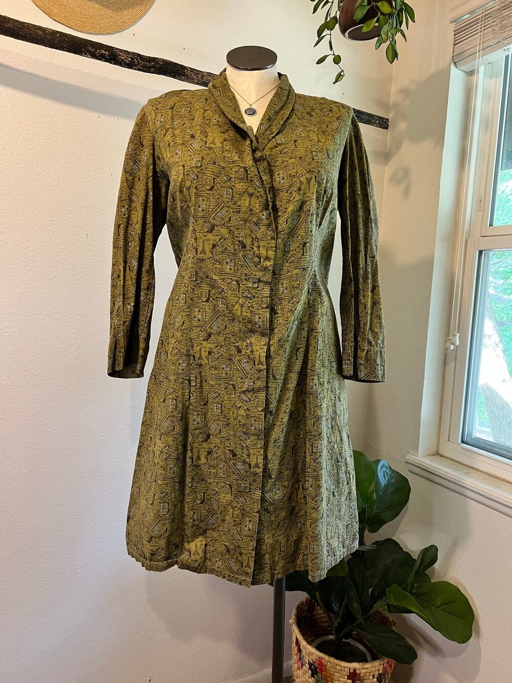 Handmade Green Cotton House Abstract Print Long Sleeve Button Dress Size Large
